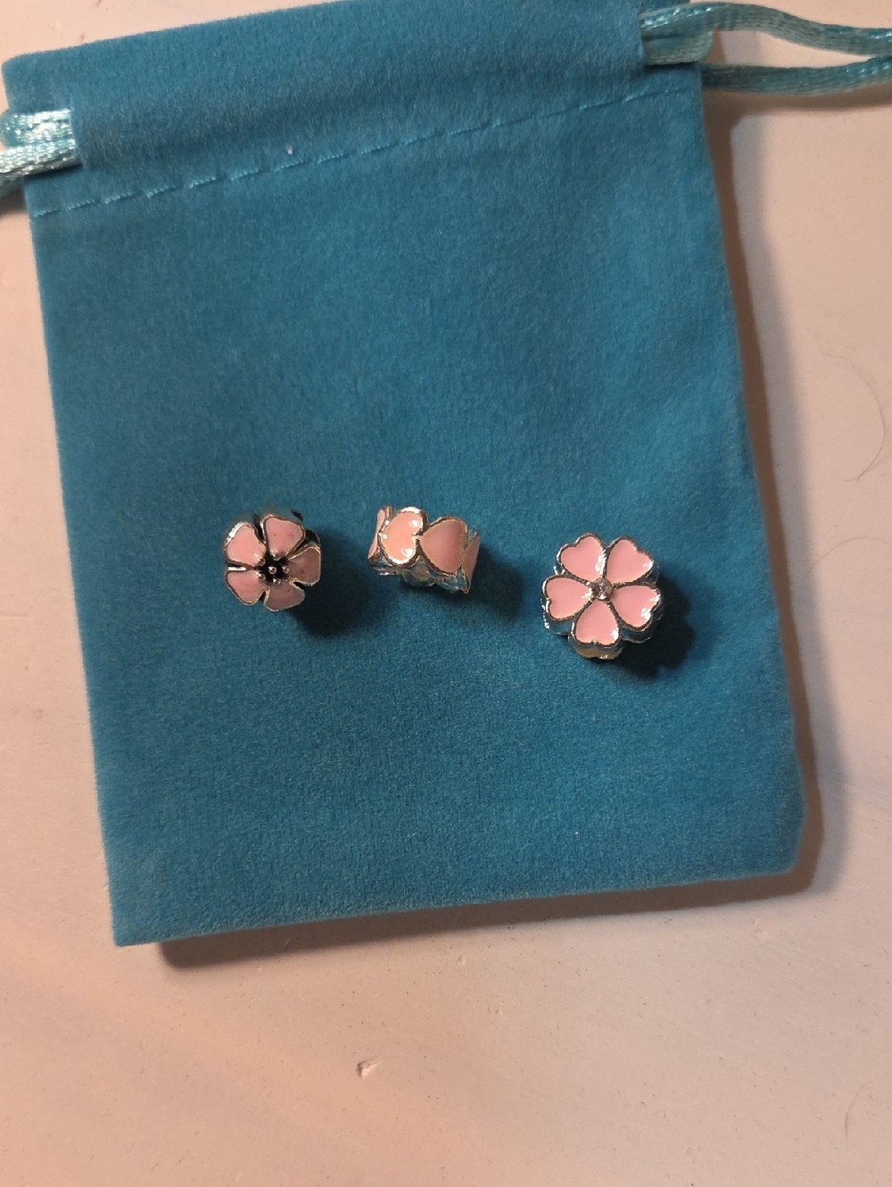 3 Pink Flower Enamel Charm Beads - Women Jewelry